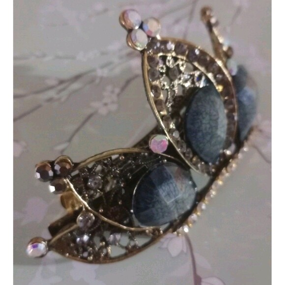 Large Jeweled Ornate Design Hair Clip Rhinestone Crown Black Bronze Elegant NIP - Picture 2 of 5